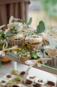Wedding day. Buffet table with various types of snacks and sweets in the celebration hall