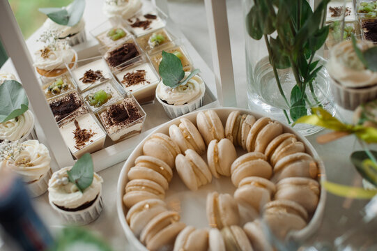 Wedding day. Buffet table with various types of snacks and sweets in the celebration hall