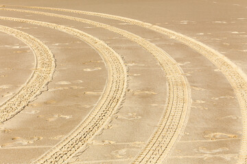A sandy beach with a series of tire tracks in the sand