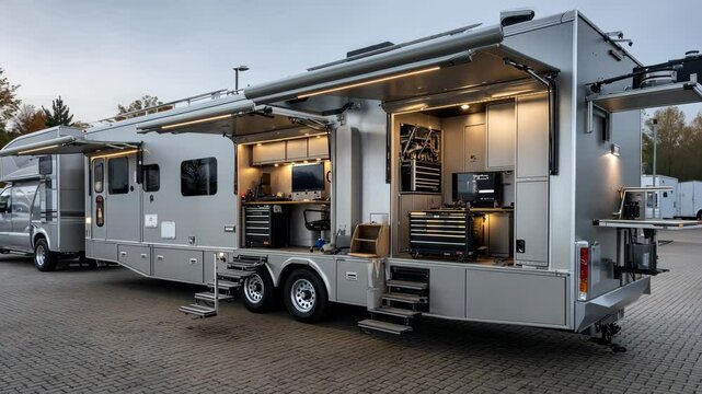 Exploring a high-tech mobile workshop with advanced tools and spacious design located in a scenic outdoor area during early morning hours