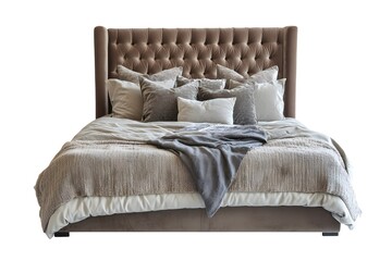 Gray velveteen double bed with grey bed linen. Interior design concept. Isolated object on white background.