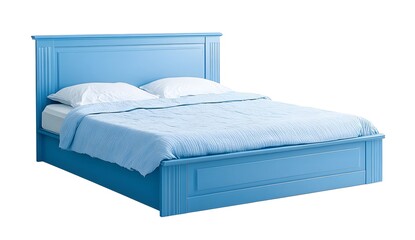Classic blue bed with white and blue bed linen. Interior design concept. Isolated object on white background.