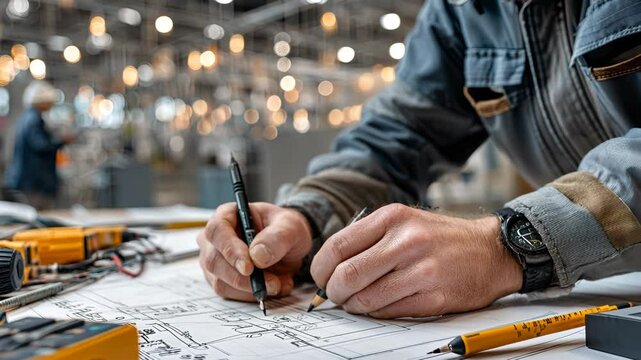 An experienced engineer diligently crafting intricate designs in a modern workshop filled with natural light during the day