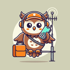 Cartoon Owl Wearing Headphones Holding Mobile Phone and Toolbox Standing Near Antenna