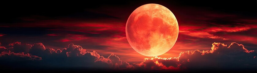 Red moon behind black clouds during night with eerie fire concept. A stunning full moon illuminating the night sky with vibrant colors.