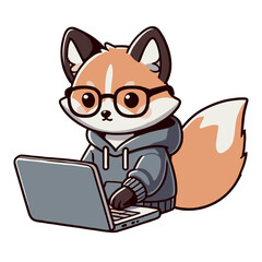 Cartoon Fox Wearing Glasses and Hoodie Working on a Laptop Illustration
