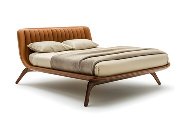 Fototapeta premium Brown wooden large bed with grey bed linen. Interior design concept. Isolated object on white background.