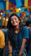 Naklejka premium Happy Indian young woman celebrating at colorful festival