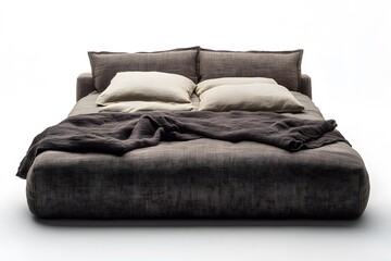 Dark grey mattress bed with beige and black bed linen. Interior design concept. Isolated object on white background.
