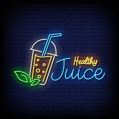 healthy juice neon sign with brick wall background vector