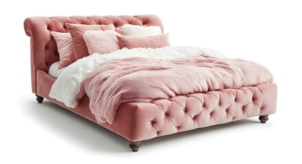 Pink velveteen bed with white and pink bed linen. Interior design concept. Isolated object on white background.