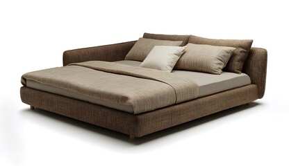 Brown fabric bed with brown bed linen. Interior design concept. Isolated object on white background.