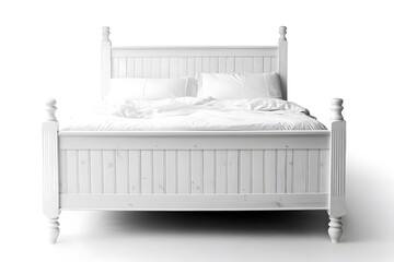 White wooden bed with white bed linen. Interior design concept. Isolated object on white background.