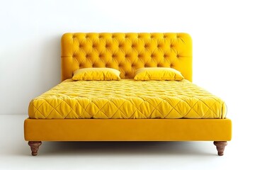 Obraz premium Yellow Double bed with yellow bed linen. Interior design concept. Isolated object on white background.
