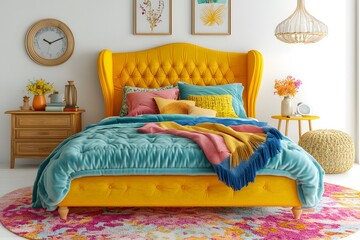 Yellow Fabric Antique bed with pink, blue and yellow bed linen. Interior design concept.