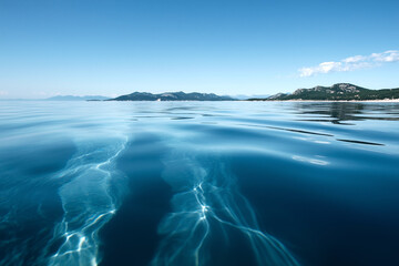 low angle blue ocean with paradise island background