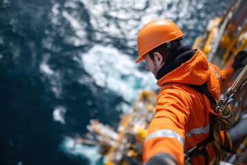 Offshore Worker Wearing Safety Gear on Platform