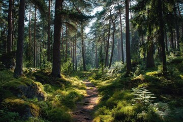 Fototapeta premium Forest pathway surrounded by dense trees and greenery.