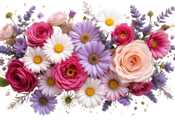 Combination of Roses, Daisies, and Lavender on White