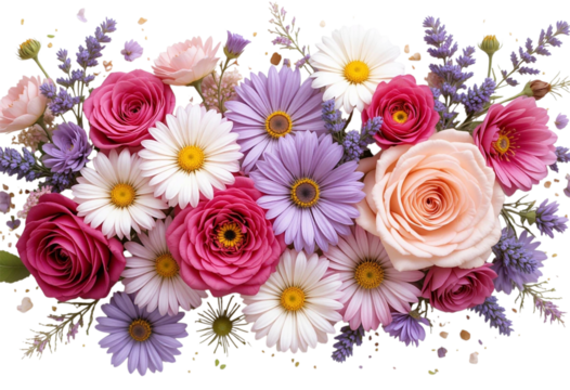 Combination of Roses, Daisies, and Lavender on White