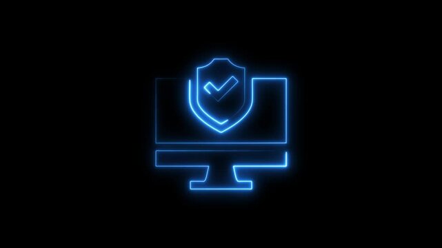 Illuminated neon computer monitor shield with a checkmark depicting secure data protection