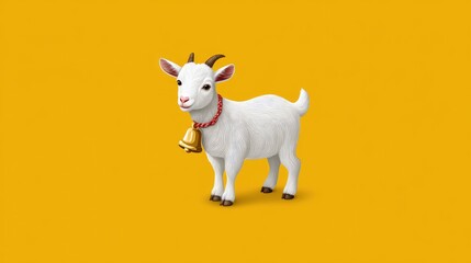 Obraz premium White goat with bell on yellow background
