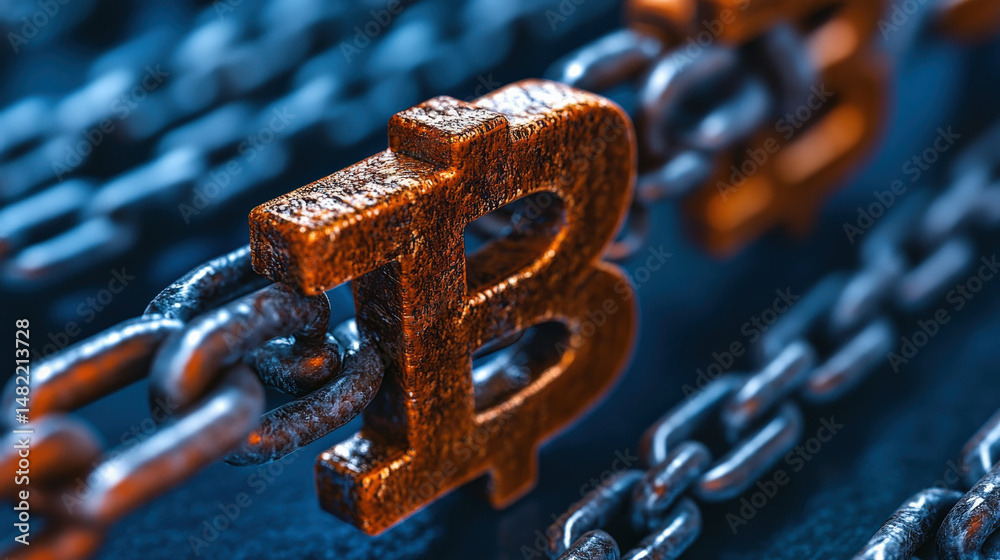 Aufkleber Metallic Bitcoin symbol is intricately linked within chain, symbolizing blockchain technology and digital finance security. image conveys sense of strength and innovation