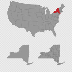 New York map set with USA location, clean outline, and full county breakdown.