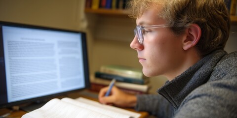 Student engaged in online philosophy class focused on learning and education