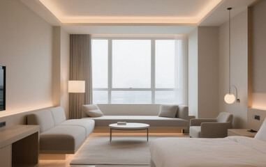 Fototapeta premium Modern hotel interior with large windows, and soft lighting.