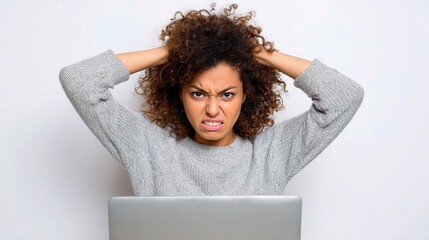 Frustrated Woman Angrily Closing Laptop Lid in Office Setting