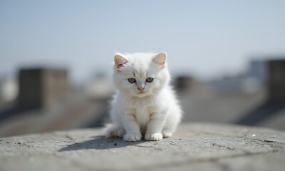 White Kitten on Roof, Fluffy Domestic Mammal