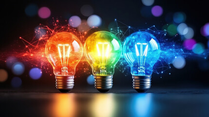 Three colorful light bulbs, glowing in red, yellow, and blue, symbolize creativity and innovation. vibrant lights are connected by abstract digital networks, representing ideas and technology