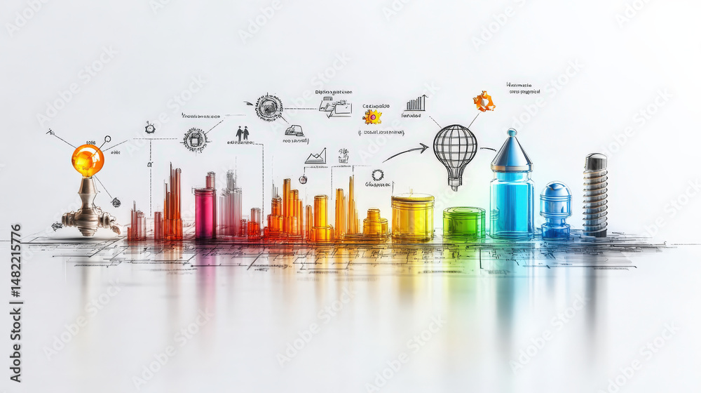 Aufkleber creative illustration of colorful cityscape with various industrial and technological elements, symb