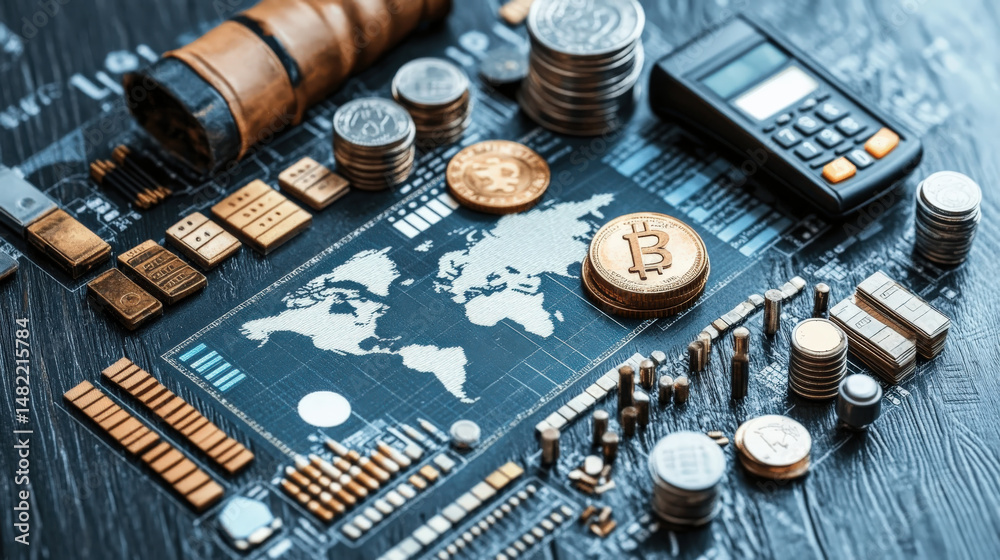 Poster collection of coins, calculator, and world map on circuit board symbolize digital payments and finte