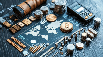 Collection of coins, calculator, and world map on circuit board symbolize digital payments and fintech innovation. image highlights financial inclusion and global connectivity