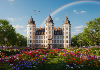 Majestic castle with rainbow and vibrant gardens in a picturesque landscape