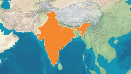 Zoom from Earth to India. World map animation with highlighted borders of countries. Satellite view of East Asia. Cinematic world map animation from outer space to territories, tourism, and travel. 4k - Powered by Adobe