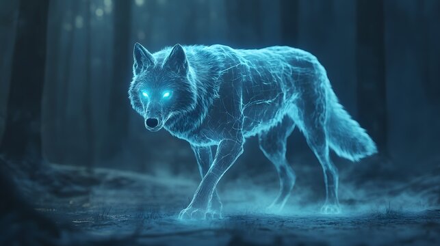 Digital illustration of a ghostly, blue wolf silhouette amidst a dark forest environment.