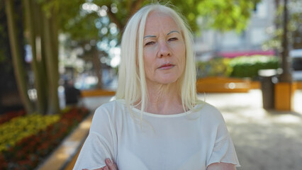 Elderly woman with albinism stands in an urban park, displaying tranquility and confidence under...
