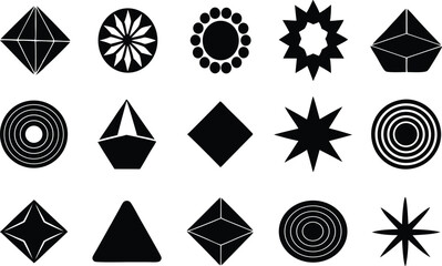 Set of brutalist abstract geometric shapes, Figures, stars, spiral flower and circle isolated on transparent background