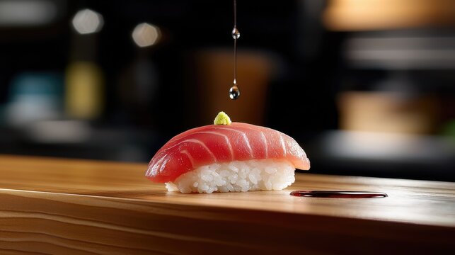 Sushi omakase detailed macro shot of otoro nigiri revealing fatty tuna marbling, individual seasoned rice grains, glistening nikiri sauce drop, table-level perspective, blurred wood backdrop