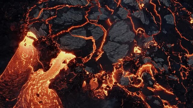 Active volcano lava, panoramic aerial view, epic pattern, drone video footage