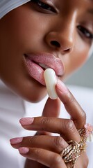 a close-up shot of plump woman's lips with neutral pink glossy