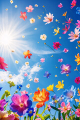 floral garden blooming bright in spring under blue sky photography colorful nature scenic outdoor summer season beautiful vibrant field botanical florals photography wallpaper background