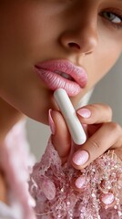 a close-up shot of plump woman's lips with neutral pink glossy