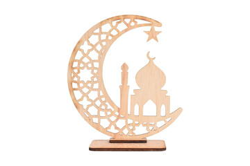 Wooden Islamic ornament featuring a mosque silhouette, crescent moon, and star. Ramadan and Eid decoration isolated on white background. Traditional handmade religious decor.