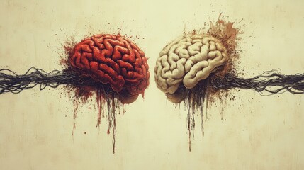 Psyche Swell is an illustration of a human brain with a bleeding stroke artery, featuring two smaller brains joined by a line to illustrate neural connections