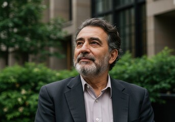 Portrait of a mature businessman with a beard looking up outdoors in an urban setting