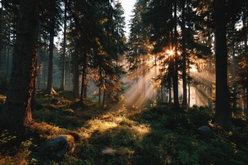 Obraz premium Sunlight filters through dense forest trees in a serene landscape.